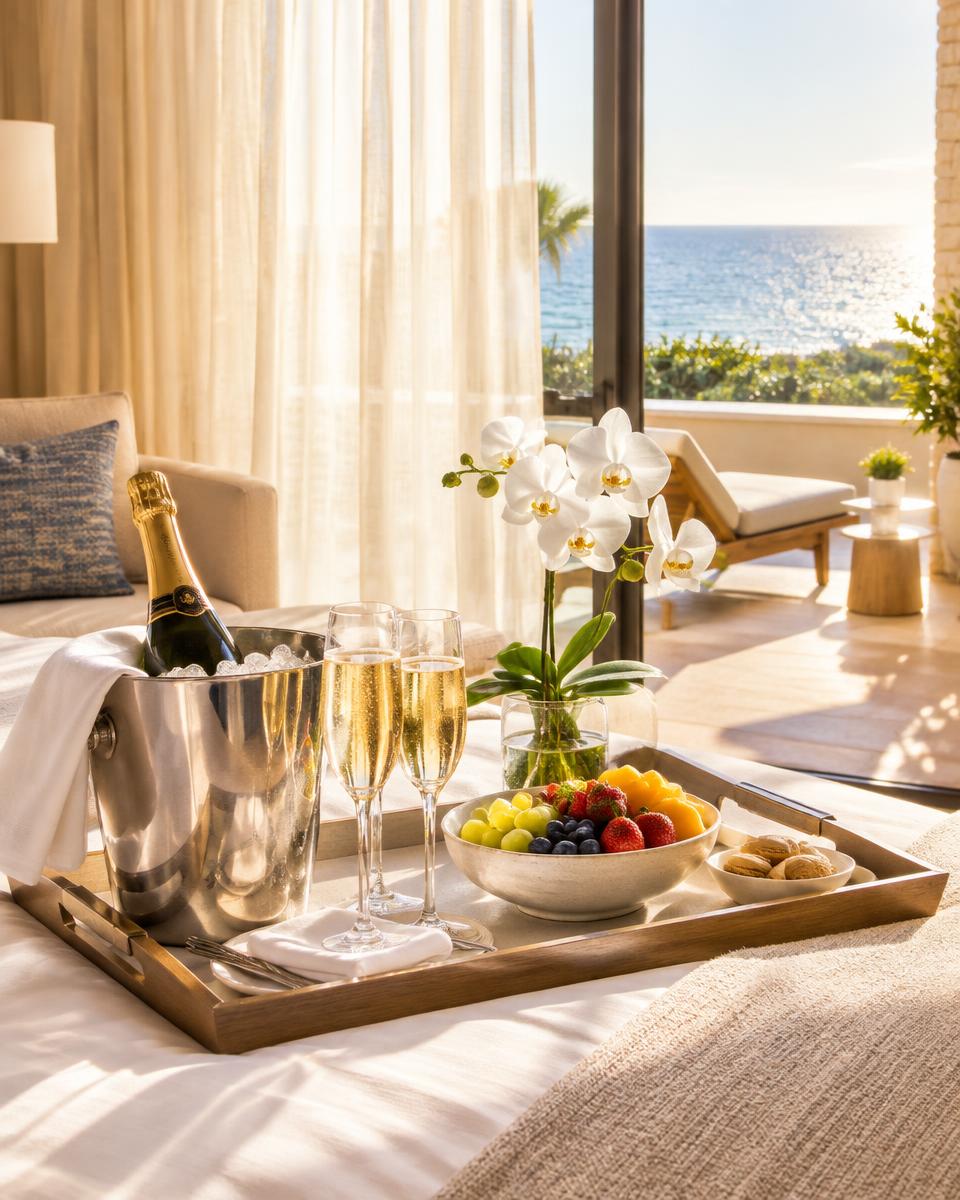 A welcome tray of champagne, fruit and orchids in a sunlit luxury suite